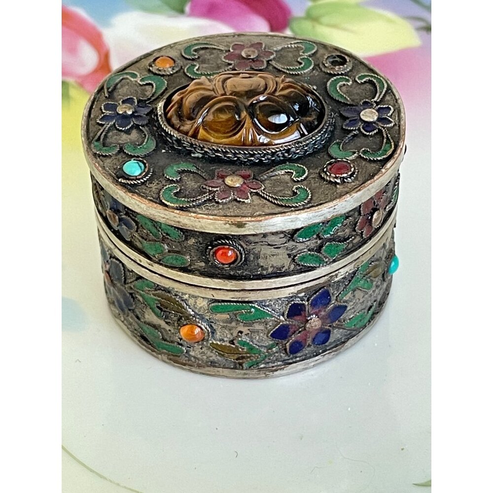 Antique Chinese Trinket Box Enamel Flowers Carved Tigers Eye Flower